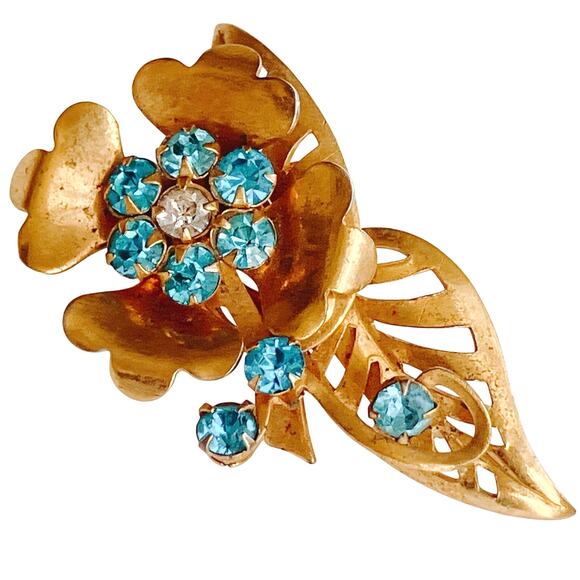 VTG 1940s Blue Rhinestone Gold Tone Floral Leaf Layered Mid Century Brooch Pin - Picture 1 of 10